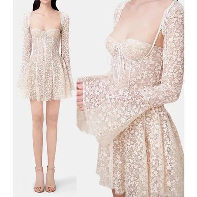 Larra Nude Pure Desire Lace Long Sleeve Mini Dress