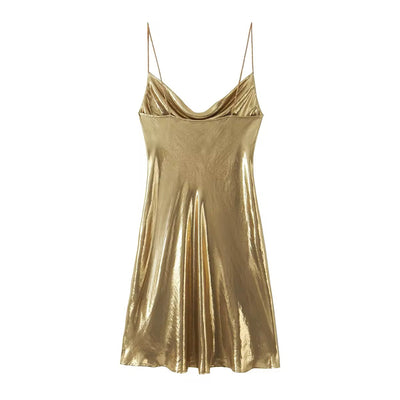 Adoline Gold Silk Cowl Neckline Sleeveless Mini Dress