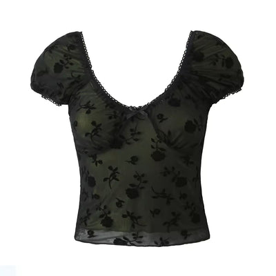 Nightingale Black Mesh Floral Pattern V Neck Short Sleeves Top