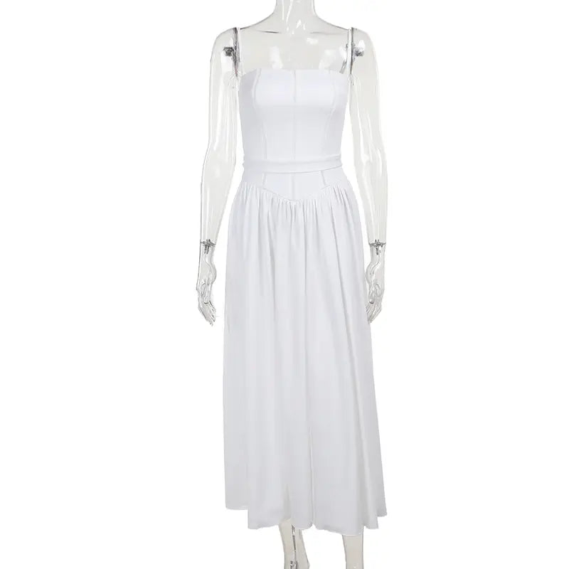 Norris White Hollow Out Splicing Belted Maxi Dress