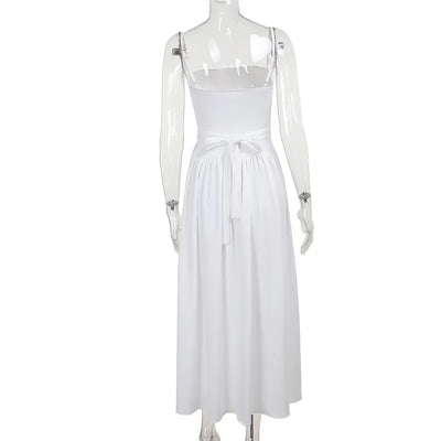 Norris White Hollow Out Splicing Belted Maxi Dress