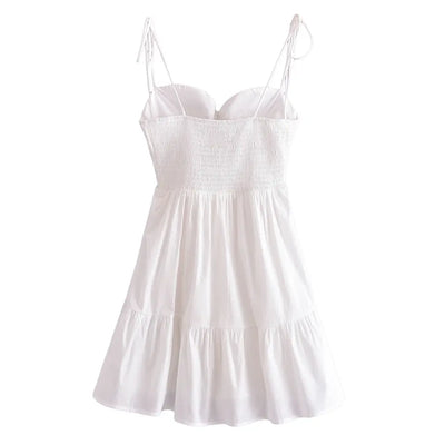 Portlyn White Padded Shaped Bust Sleeveless Self Tie Smocked Back Tiered Mini Dress