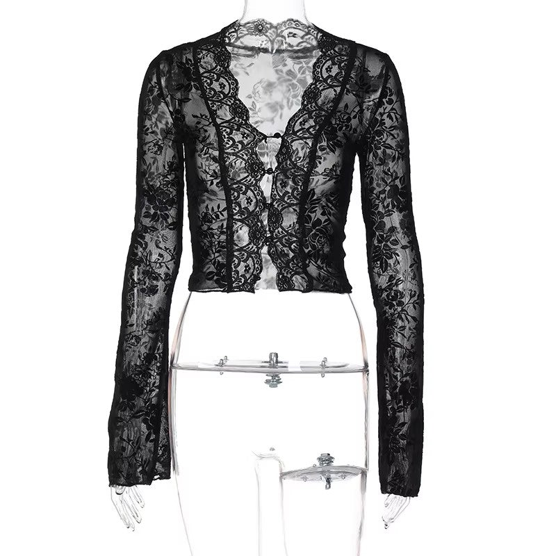 Paramore Black Deep V-Neck Flare Long Sleeve Lace Top