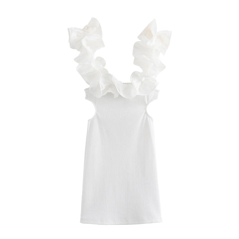 Rhtyhm White Ruffled Straps Cut-Out Edges Mini Dress