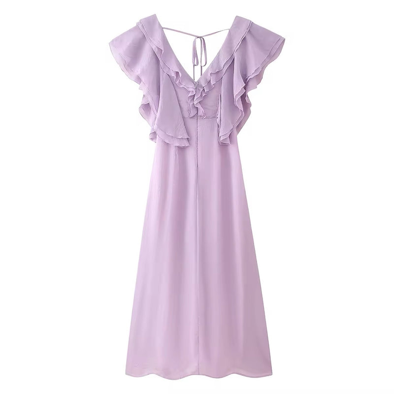 Risette Lavander V Neck Short Sleeves Zipper Back Ruffles Maxi Dress