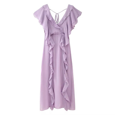 Risette Lavander V Neck Short Sleeves Zipper Back Ruffles Maxi Dress