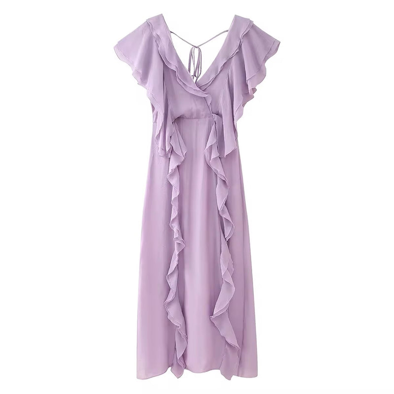 Risette Lavander V Neck Short Sleeves Zipper Back Ruffles Maxi Dress