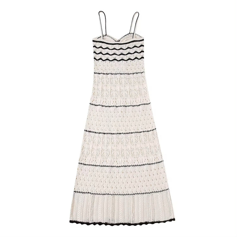 Ruthvi Beige with Black Detals Knitted Eyelet Sleeveless A-Line Midi Dress