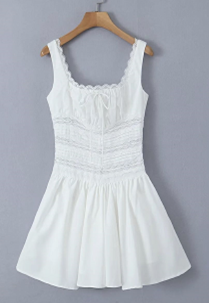 Kyomi White Lace Square Neckline Bow Bust Pleated Sleeveless Mini Dress