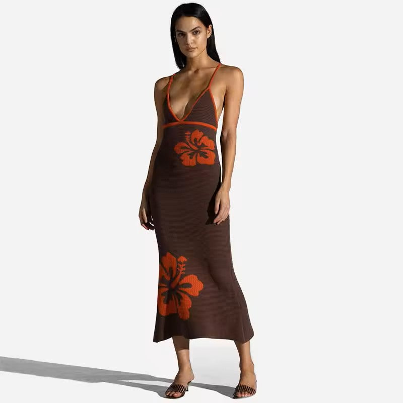 Sicily Brown Floral Print V-Neck Midi Dress