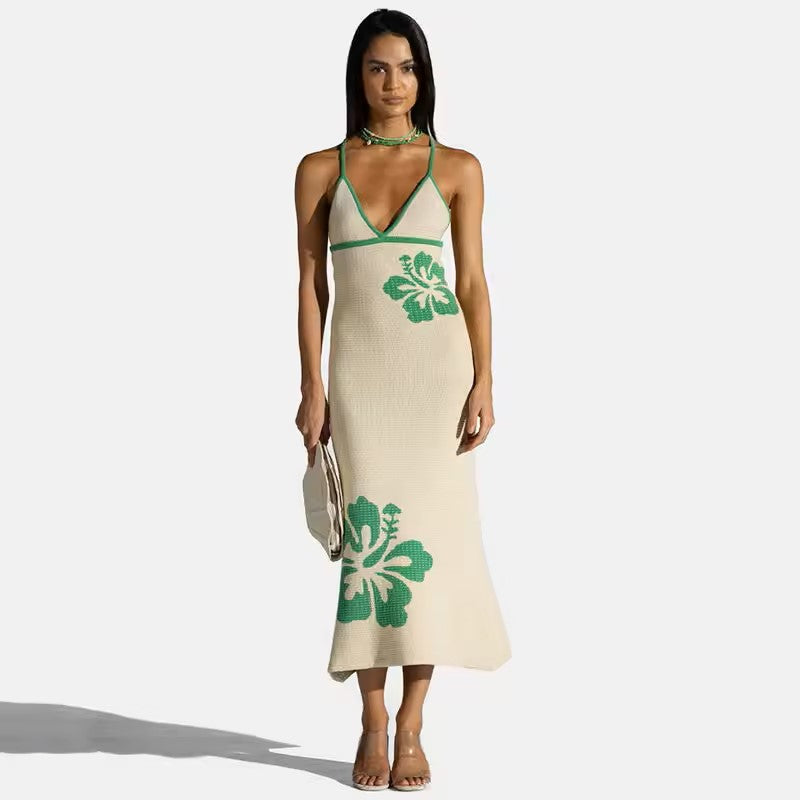 Sicily Beige Floral Print V-Neck Midi Dress