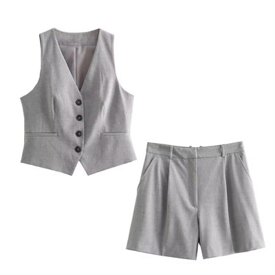 Sidra Gray V Neck Single Breasted Button Closure Casual Waistcoat Vest