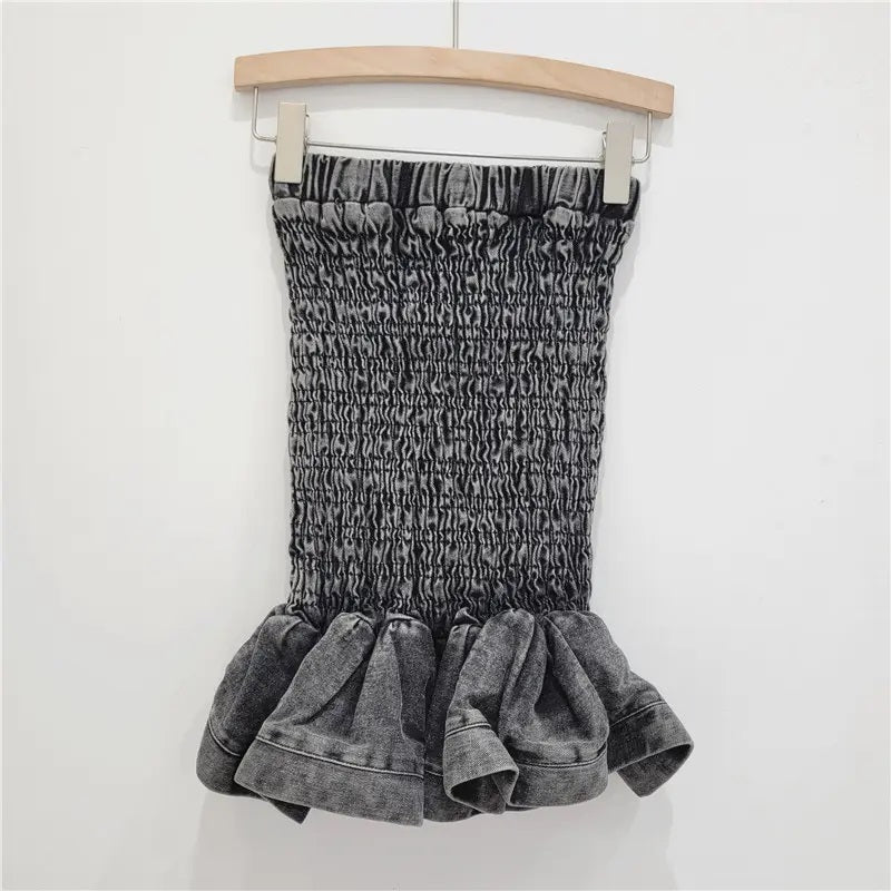 Smith Acid Black Smocked Denim Pleated Tube Top