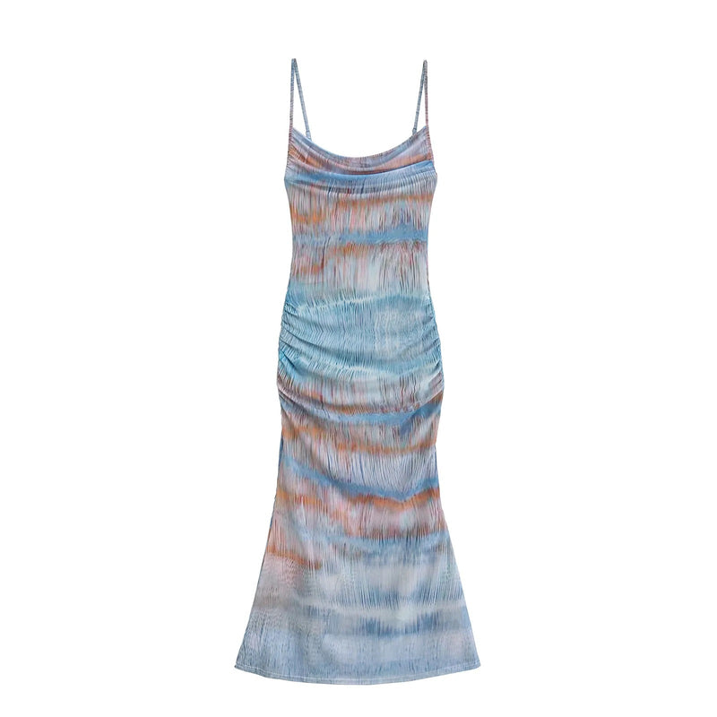 Thelonia Aquamarine Wavy Print Seamless Midi Dress