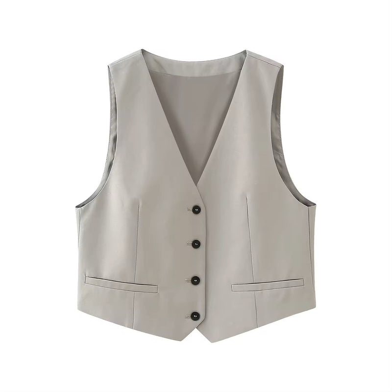 Vida Gray V Neck Single Breasted Button Down Waistcoat Vest