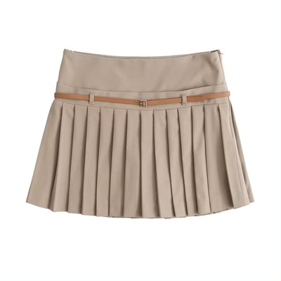 (PRE-ORDER: ETA August 5,2024)Westley Sand Beige Sashes Pleated Zipper Fly Mini Skirt