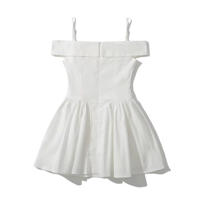 Zasha White Off Shoulder with Thin Strap Zipper Back Pleated Mini Dress