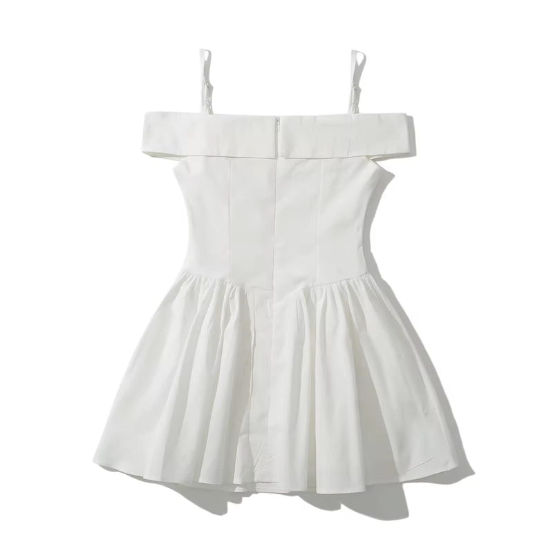 Zasha White Off Shoulder with Thin Strap Zipper Back Pleated Mini Dress