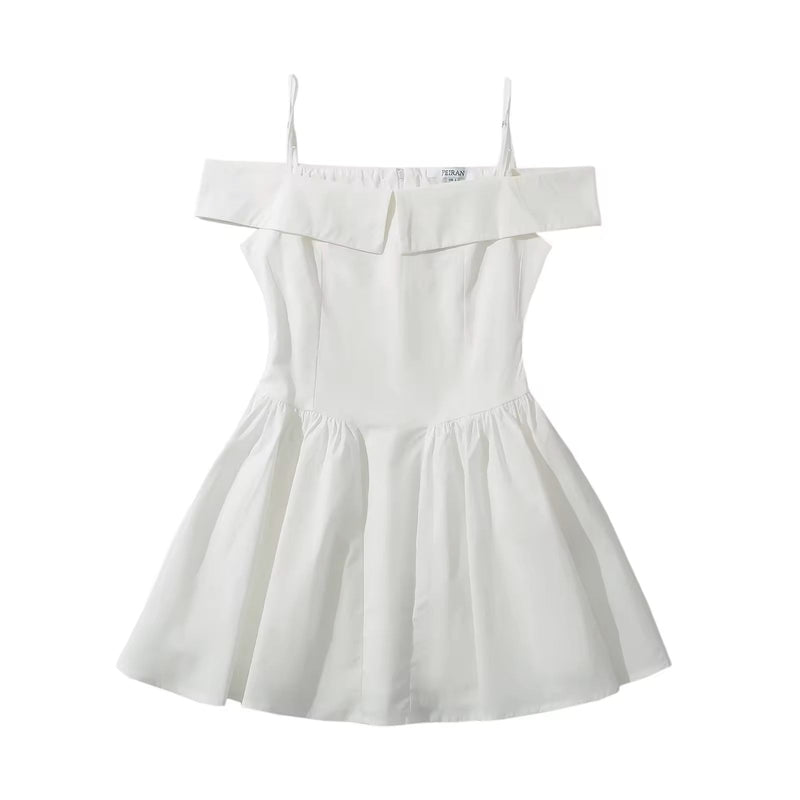 Zasha White Off Shoulder with Thin Strap Zipper Back Pleated Mini Dress