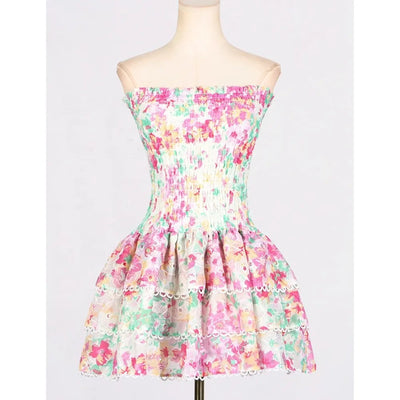 Zenny Green Pink Floral Print Smocked Tiered Mini Dress