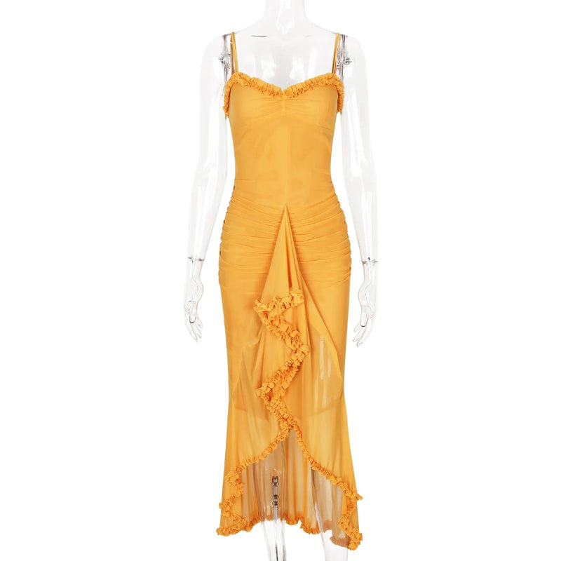 Azurra Yellow Nibber Ruffles Tassel Lace-Neck Sweet Slits Maxi Dress