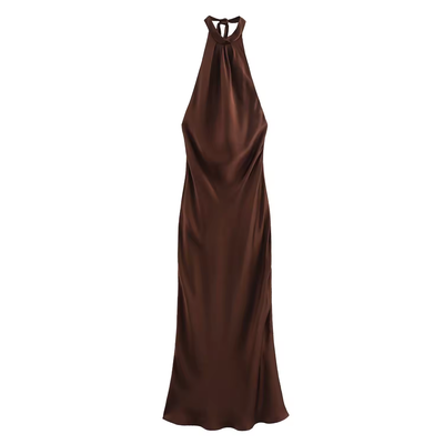 Fernley Brown Back Hollow Out Halter Maxi Dress