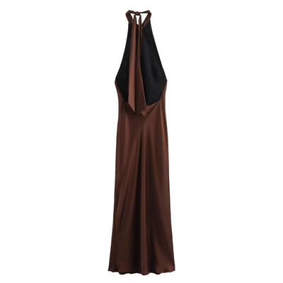 Fernley Brown Back Hollow Out Halter Maxi Dress