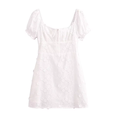 Florida White Floral Embroidery Square Collar Front Lace Up Mini Dress