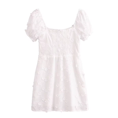 Florida White Floral Embroidery Square Collar Front Lace Up Mini Dress