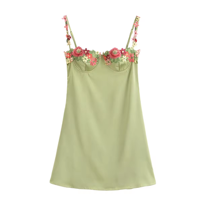 Freesia Sage Green Bustier Floral Embroidery Mini Dress