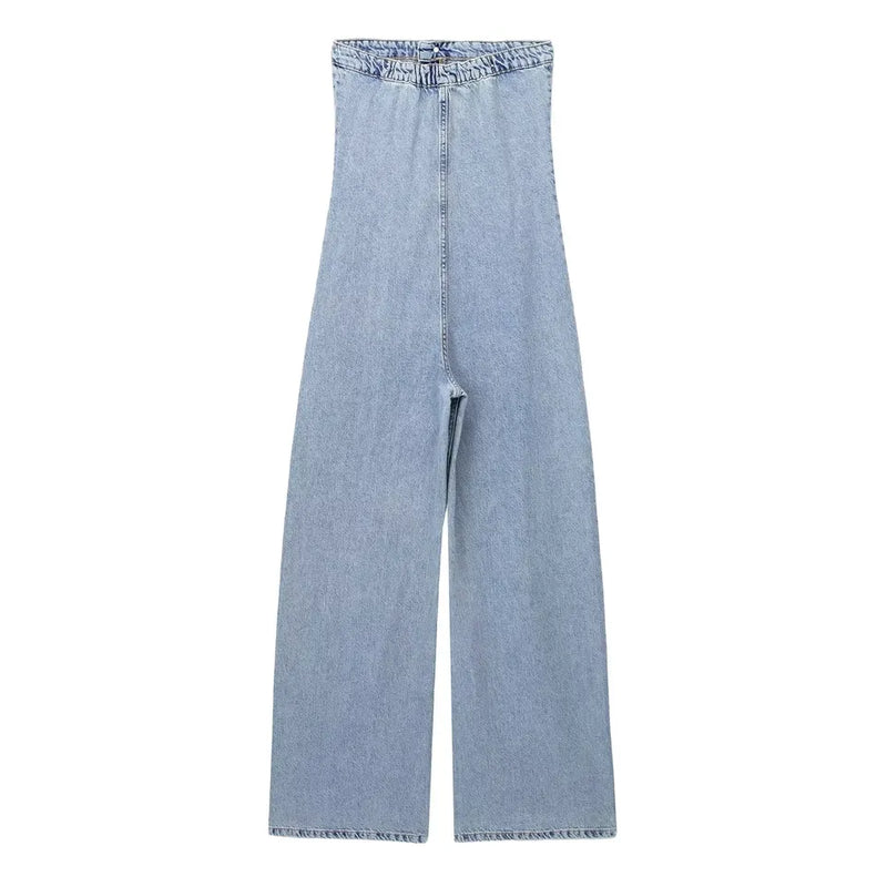 Gypsy Light Blue Denim Buttons Up Straight Cut Tube Jumpsuit