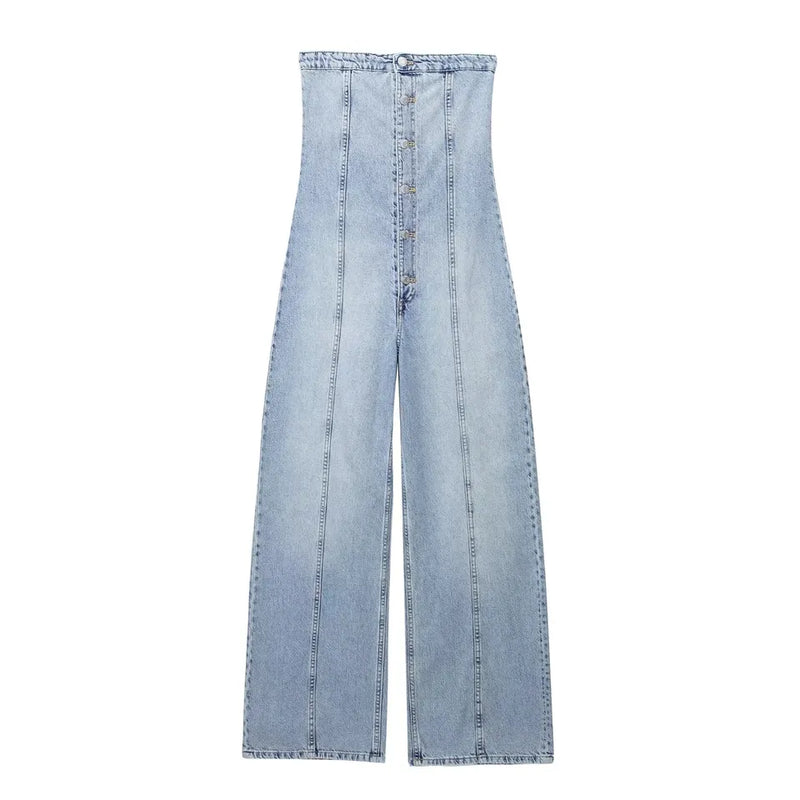 Gypsy Light Blue Denim Buttons Up Straight Cut Tube Jumpsuit