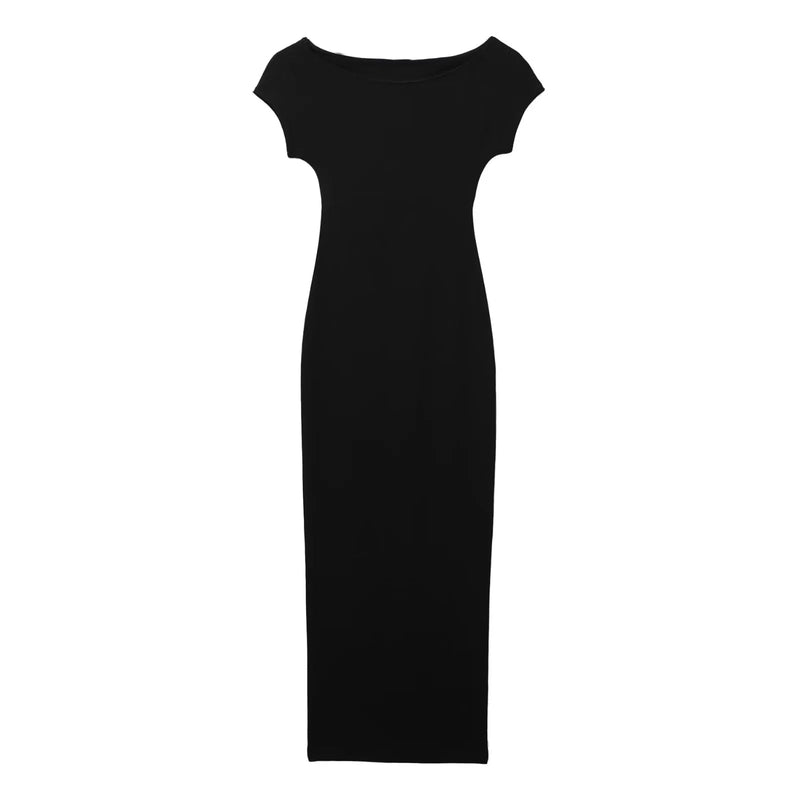 Analie Black Round Neck Knitted Short Sleeves Bodycon Midi Dress