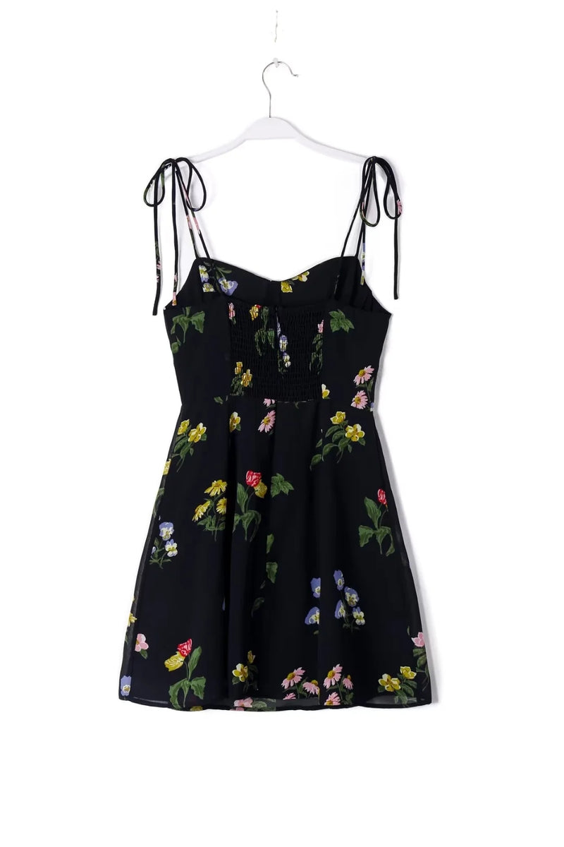 Adelita Black Floral All Over Print Sleeveless Self Tie Mini Dress