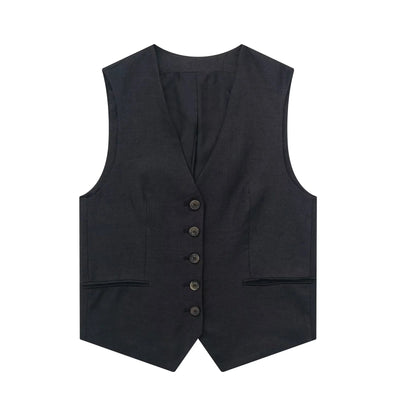 Daze Black V Neck Single Breasted Sleeveless Vest Top