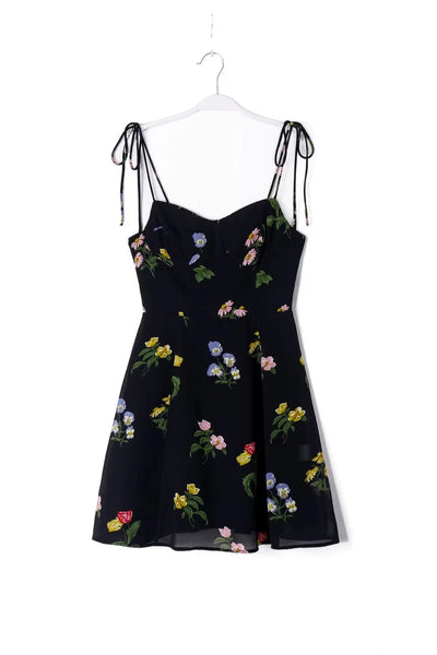 Adelita Black Floral All Over Print Sleeveless Self Tie Mini Dress