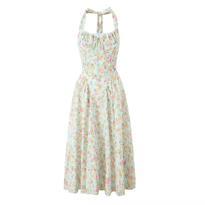 Talula Green Floral Print Back Hollow Out Front Lace up Halter Midi Dress