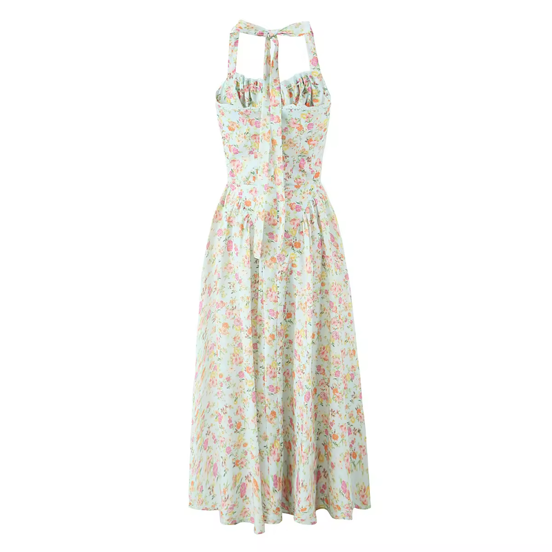 Talula Green Floral Print Back Hollow Out Front Lace up Halter Midi Dress