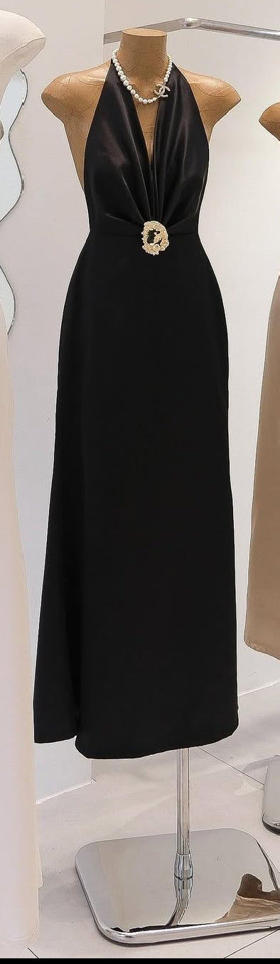 Kavita Black Deep V-Neck Halter  Bodycon Maxi Dress