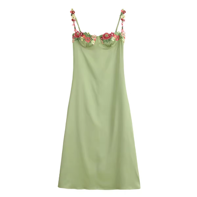 Winika Sage Green Bustier Floral Embroidery Midi Dress