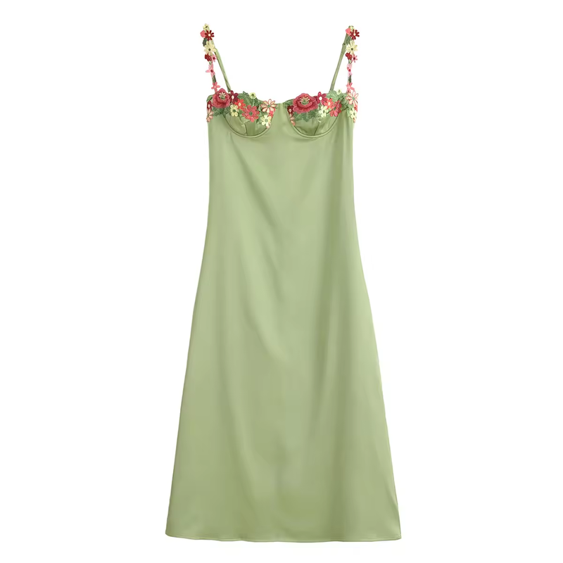 Winika Sage Green Bustier Floral Embroidery Midi Dress