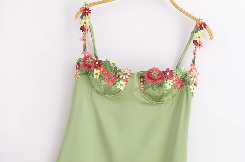 Winika Sage Green Bustier Floral Embroidery Midi Dress