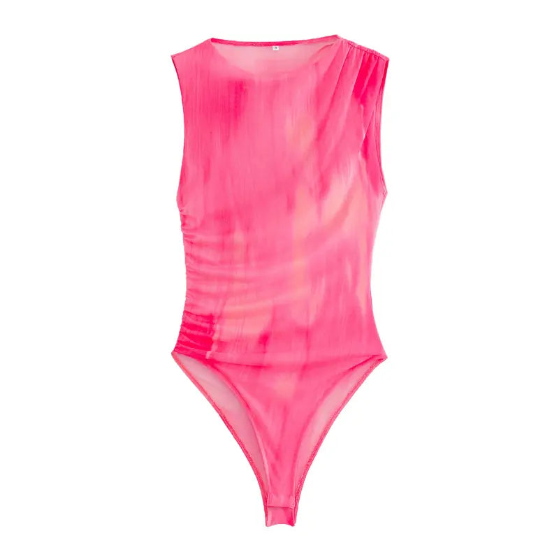 Xania Pink Tie Dye Crew Neckline Pleated Side Mesh Sleeveless Bodysuit