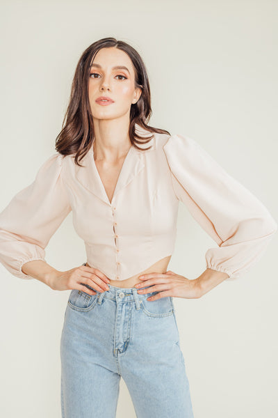 Justine Beige Notched Collar V Neck Buttondown Long Sleeves Top