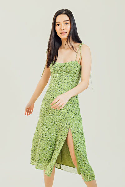 Coco Green Floral All Over Print Self Tie Midi Dress