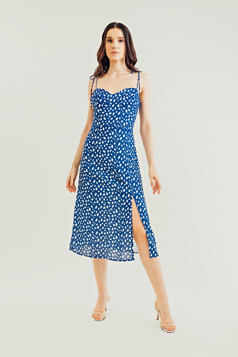Emily Blue with White Pattern Sweetheart Neckline Self Tie Midi Dress with Slit
