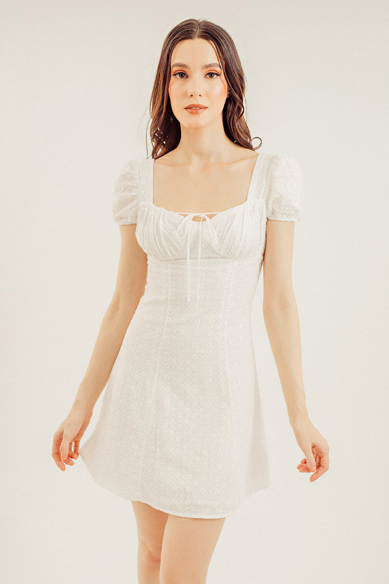 Kaz White Eyelet Sweetheart Neck Puff Sleeve Mini Dress