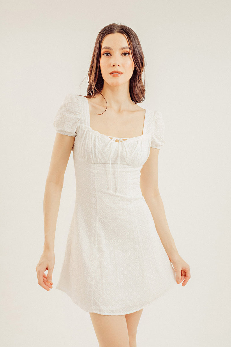 Kaz White Eyelet Sweetheart Neck Puff Sleeve Mini Dress