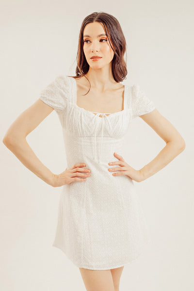 Kaz White Eyelet Sweetheart Neck Puff Sleeve Mini Dress