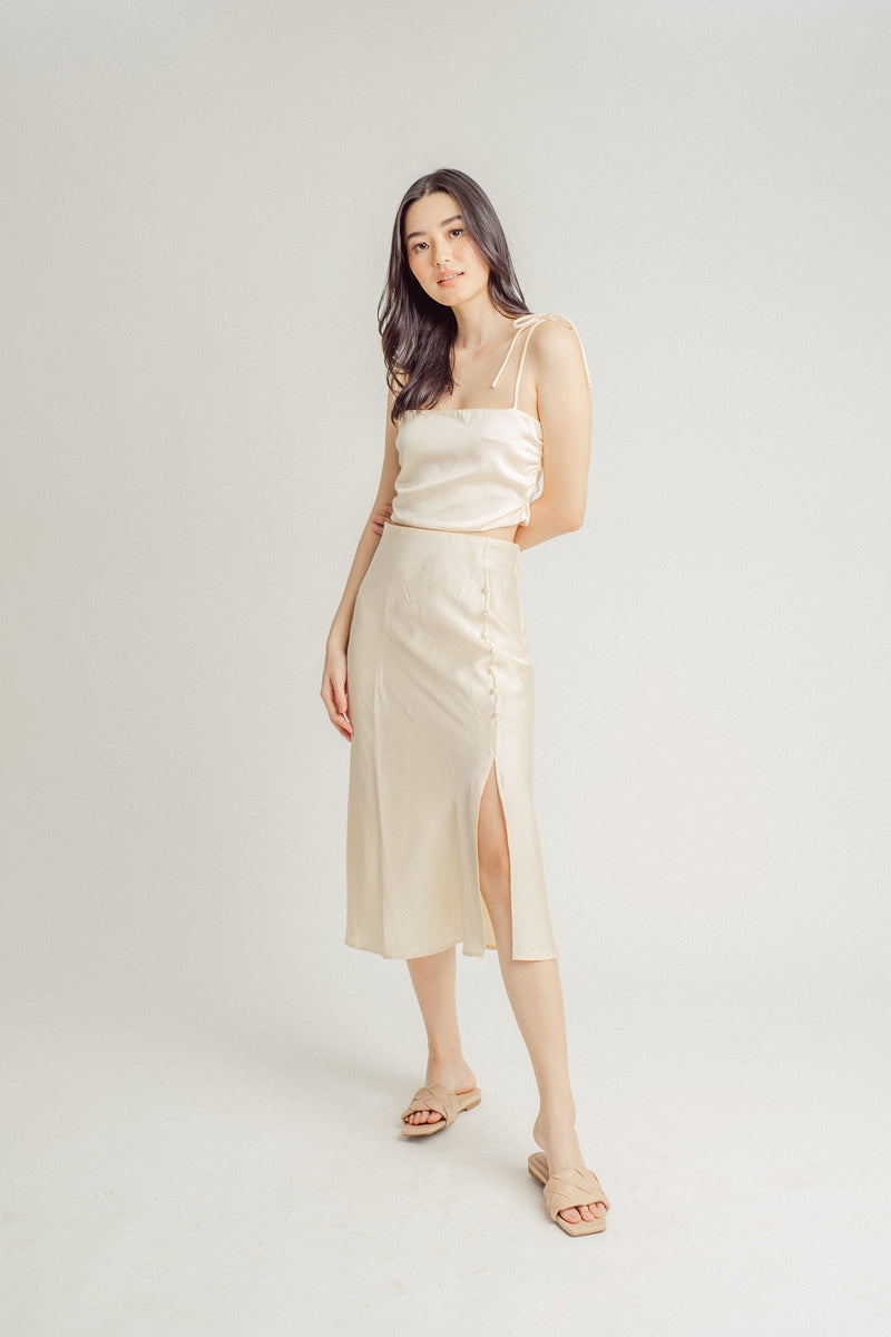 Adelaide Beige Self-Tie Spaghetti Strap Tube Crop Top